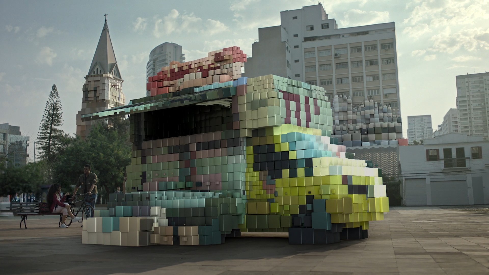 A red fire hydrant half transformed into voxel blocks under a São Paulo overpass, from GM Tracker Restart by LOBO