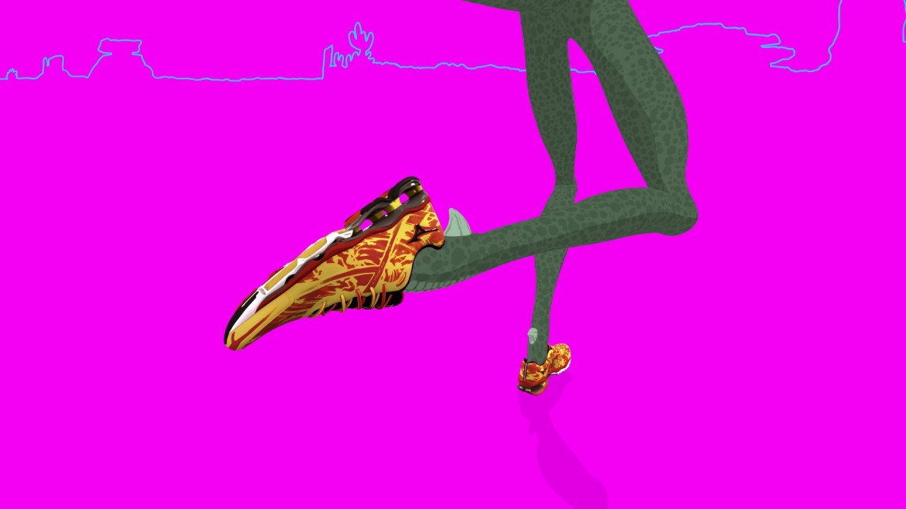 A Mizuno running shoe on a drawn leg against flat magenta, from Run Run Run