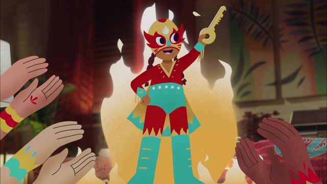 An animated luchadora rises in flames from a living-room sofa in UPS Little Luchadora by LOBO