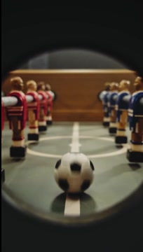 Red and blue foosball figures facing the ball in Apple Tiny Rivals, a vertical film by LOBO