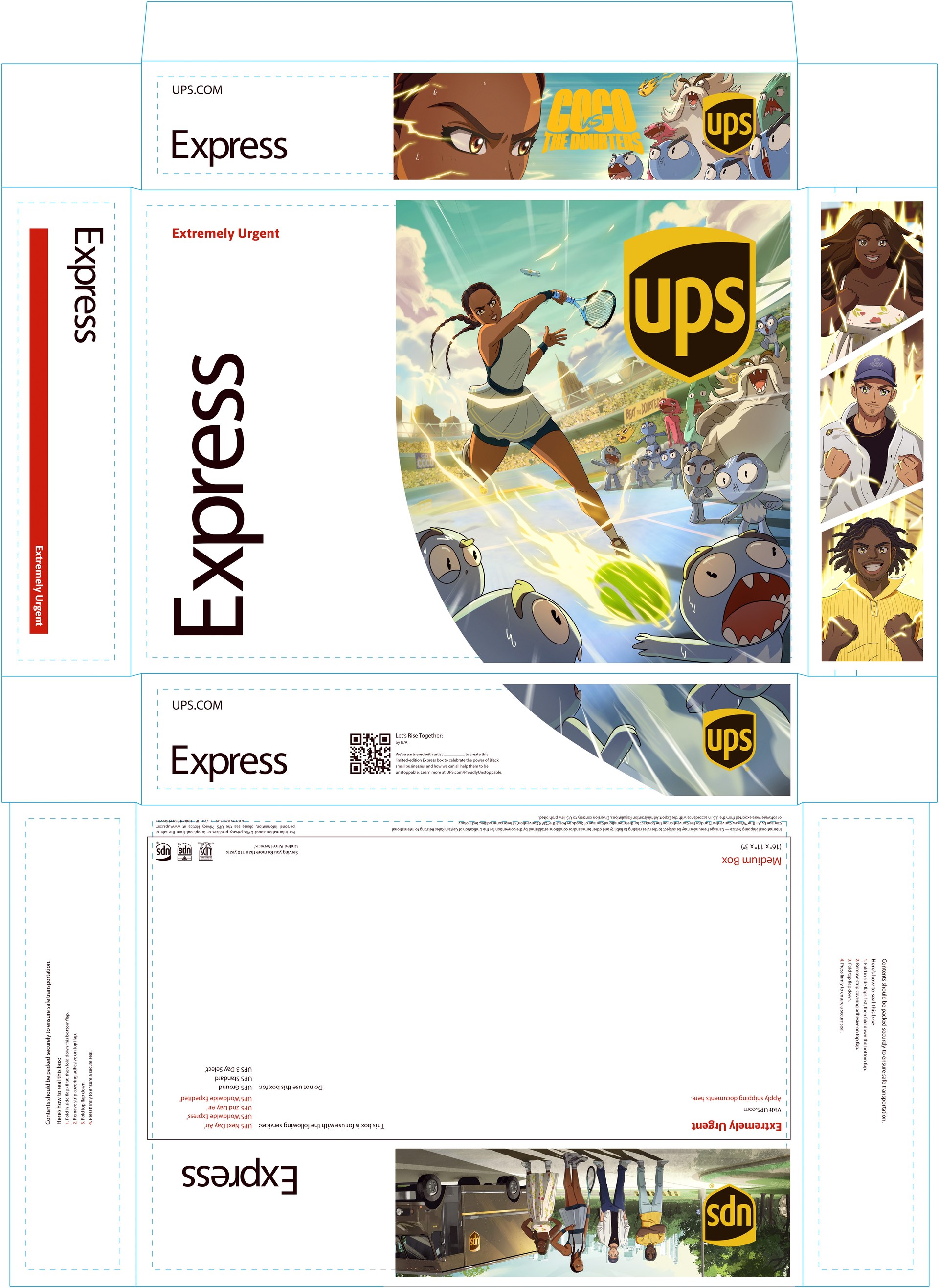 The UPS Express box dieline wrapped in the campaign art
