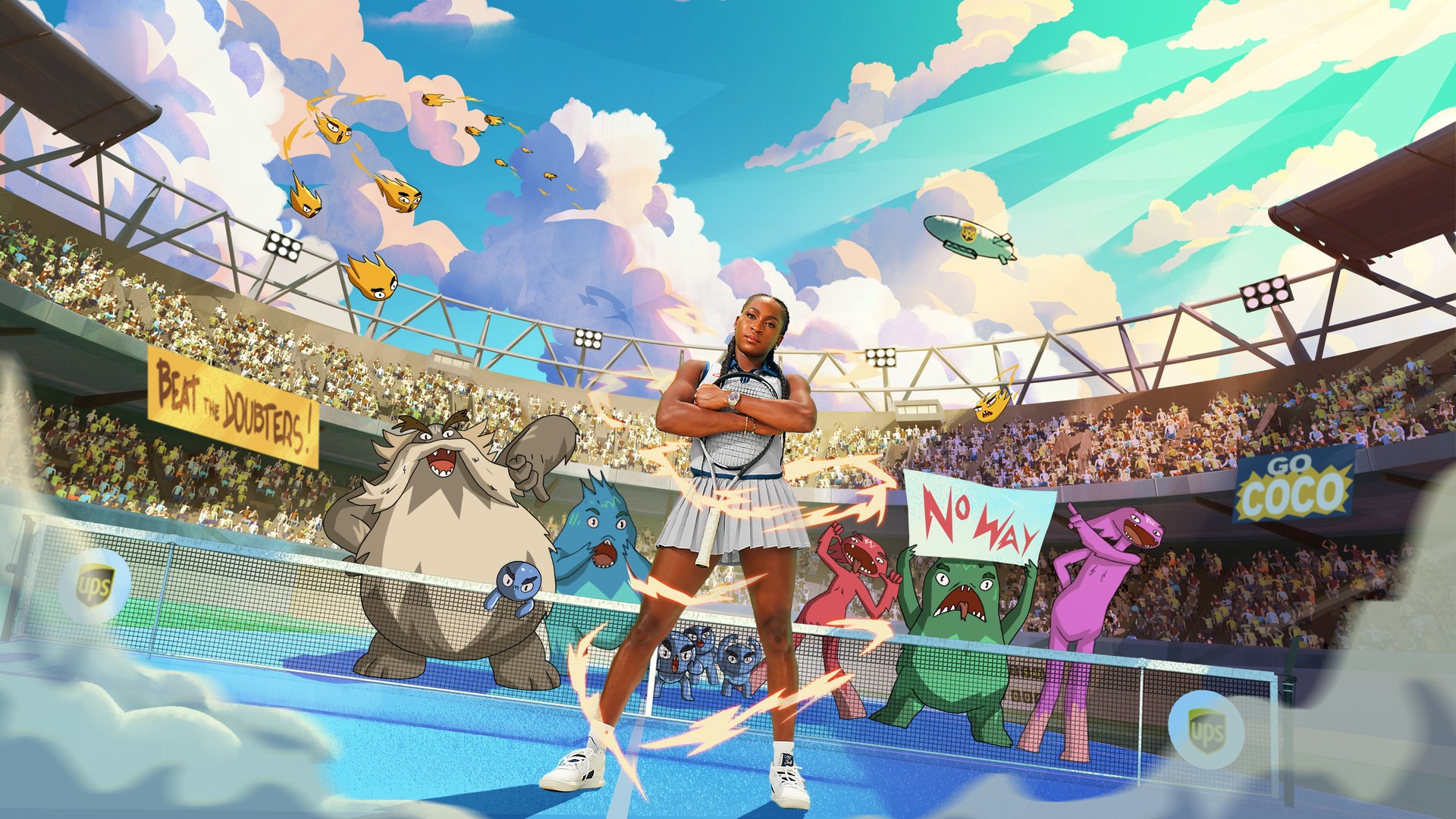 A painted stadium scene from the print campaign