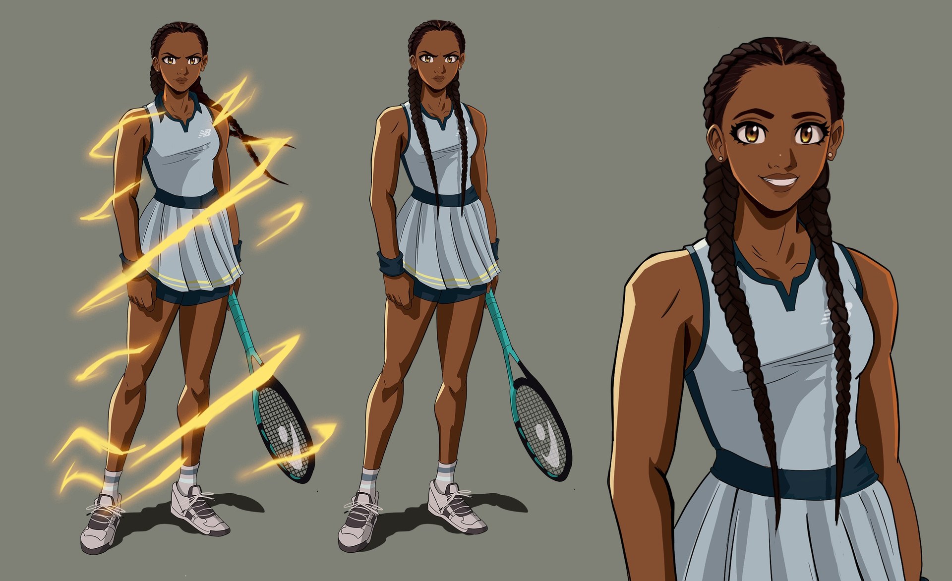 Three studies of the Coco Gauff character with racket