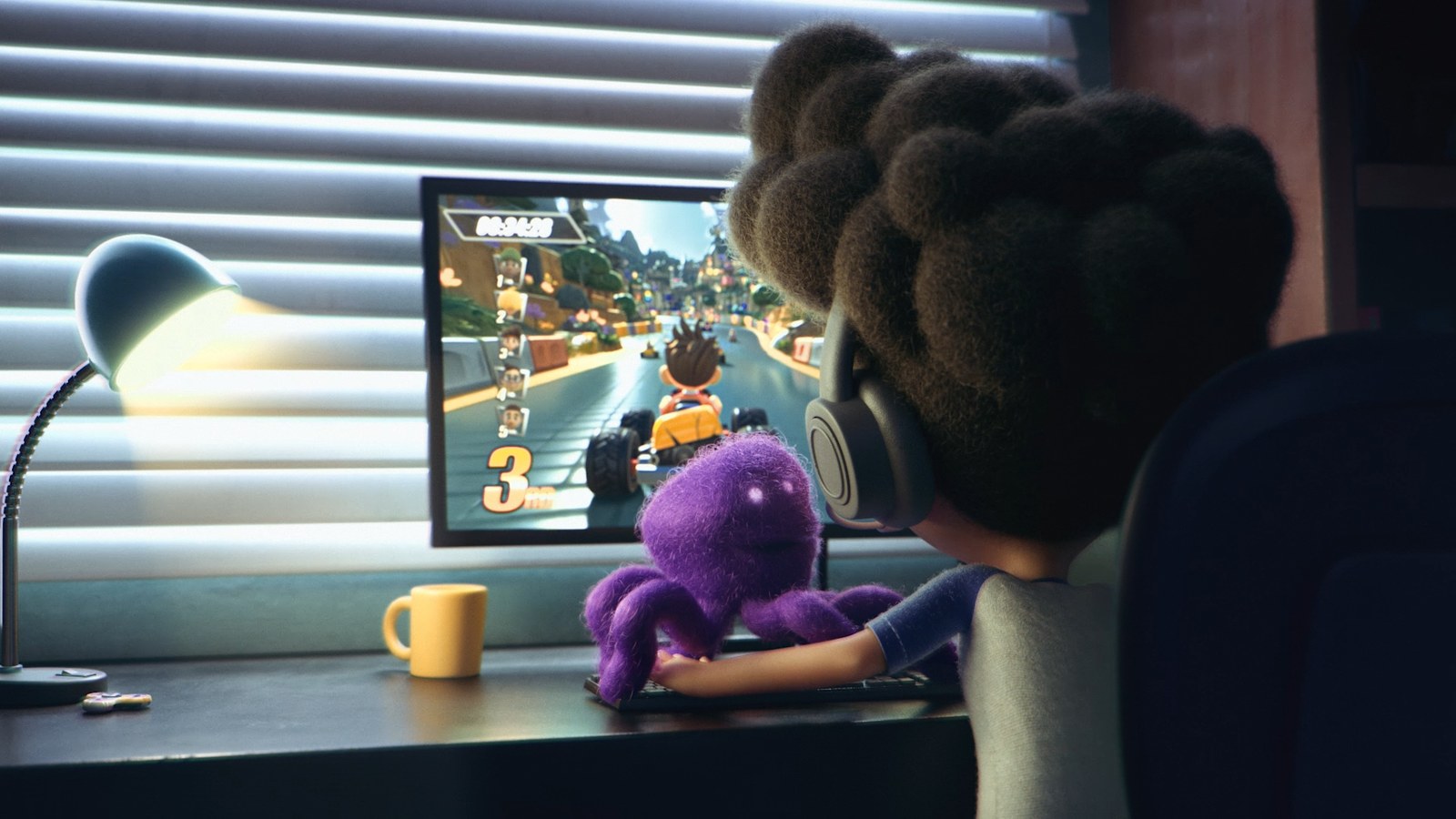 It follows him onto the screen