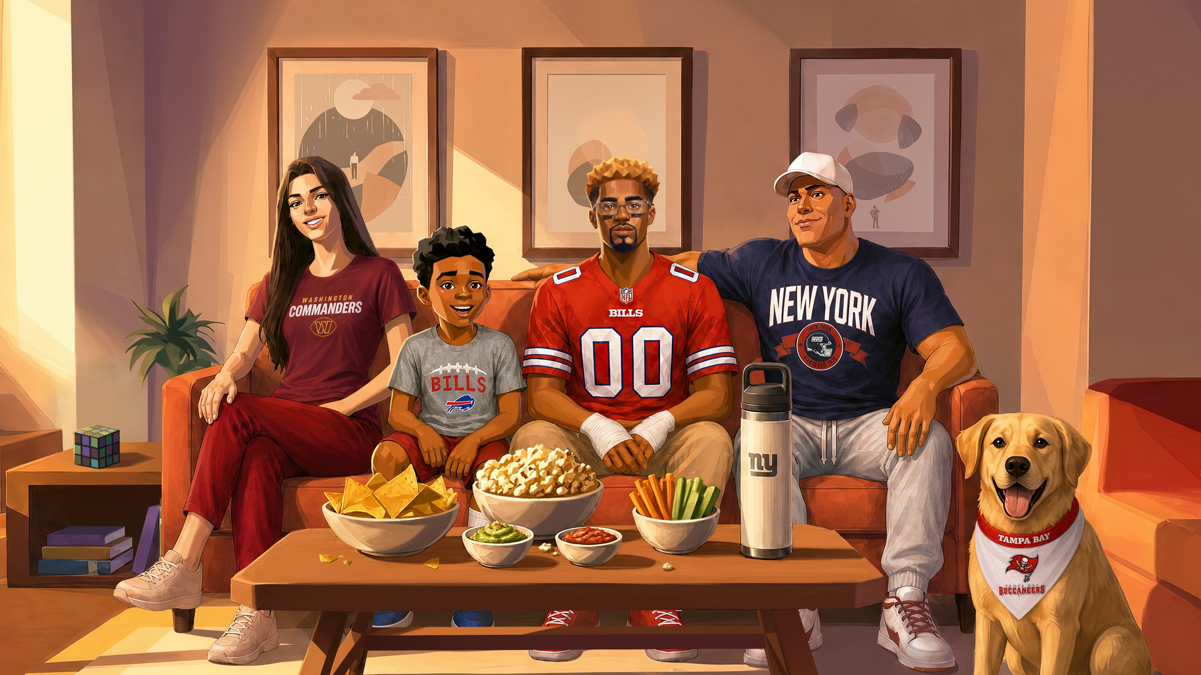The final family shot on the couch with the dog