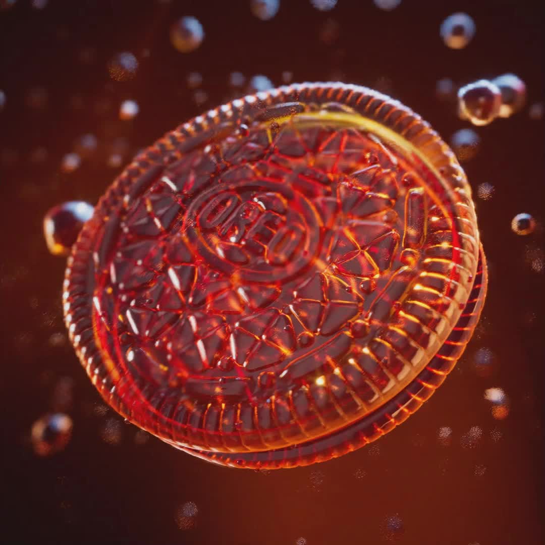 An Oreo cast in amber glass inside the drink