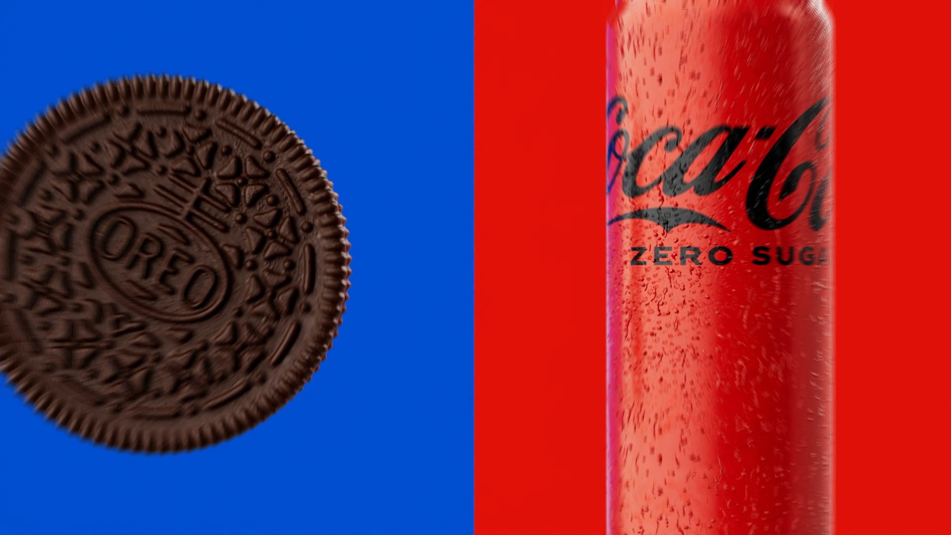 A cookie on blue beside a red Coca-Cola can
