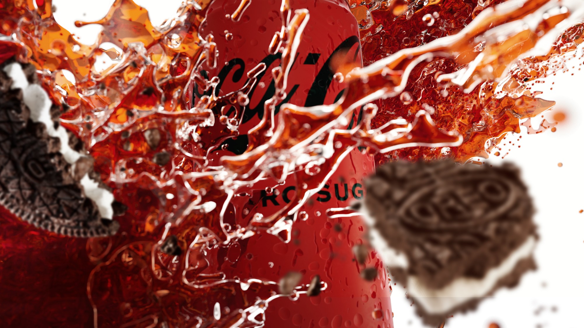 Cookies colliding inside dark Coca-Cola liquid