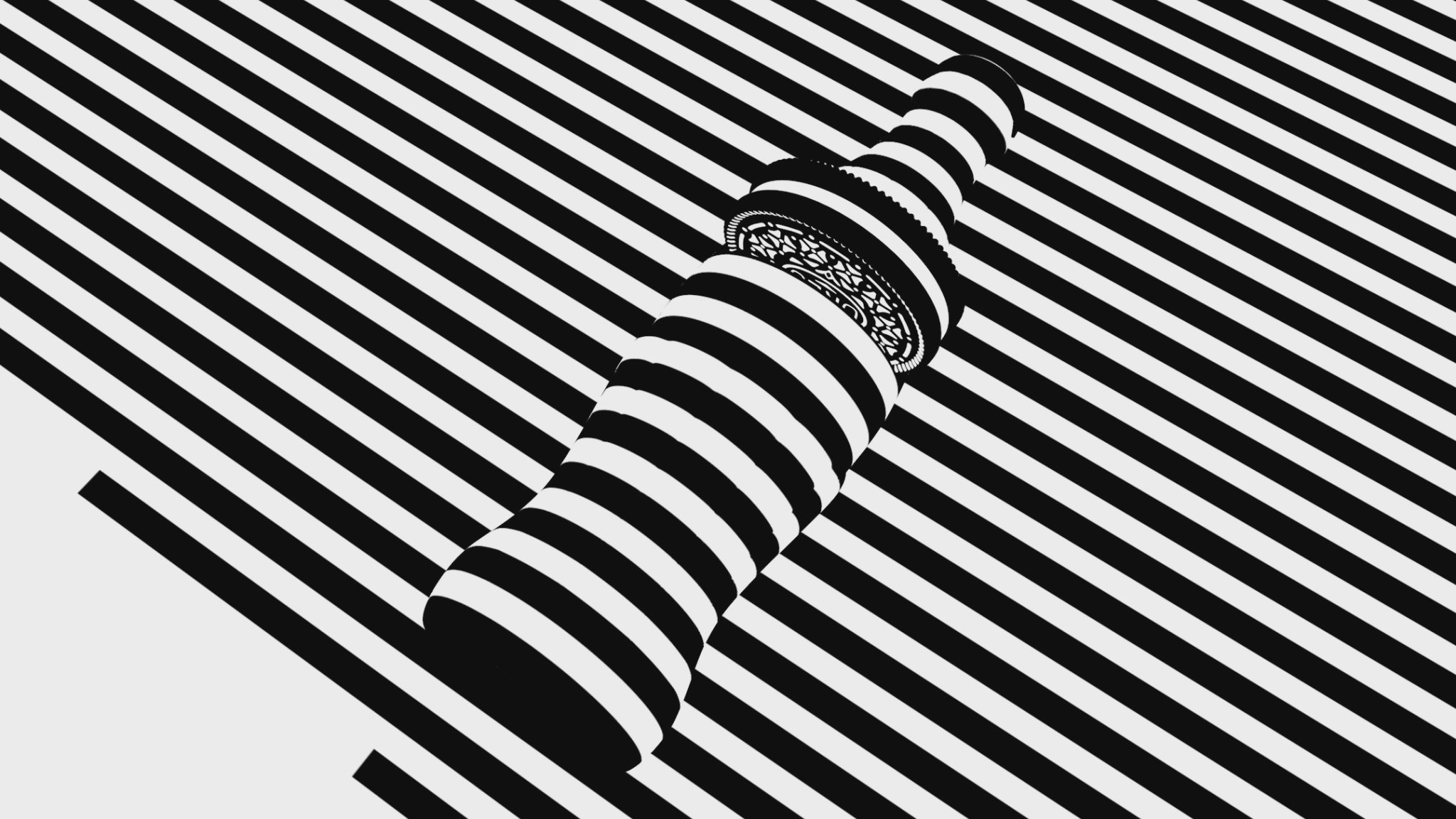 The bottle dissolving into op-art stripes