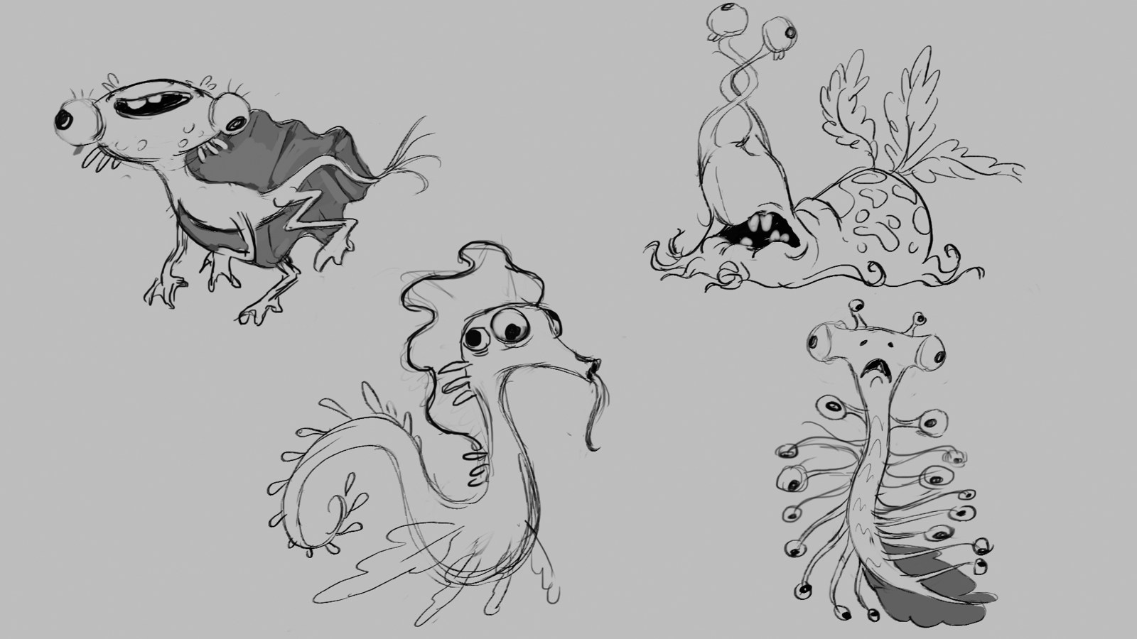 Pencil sketch sheet of creature designs
