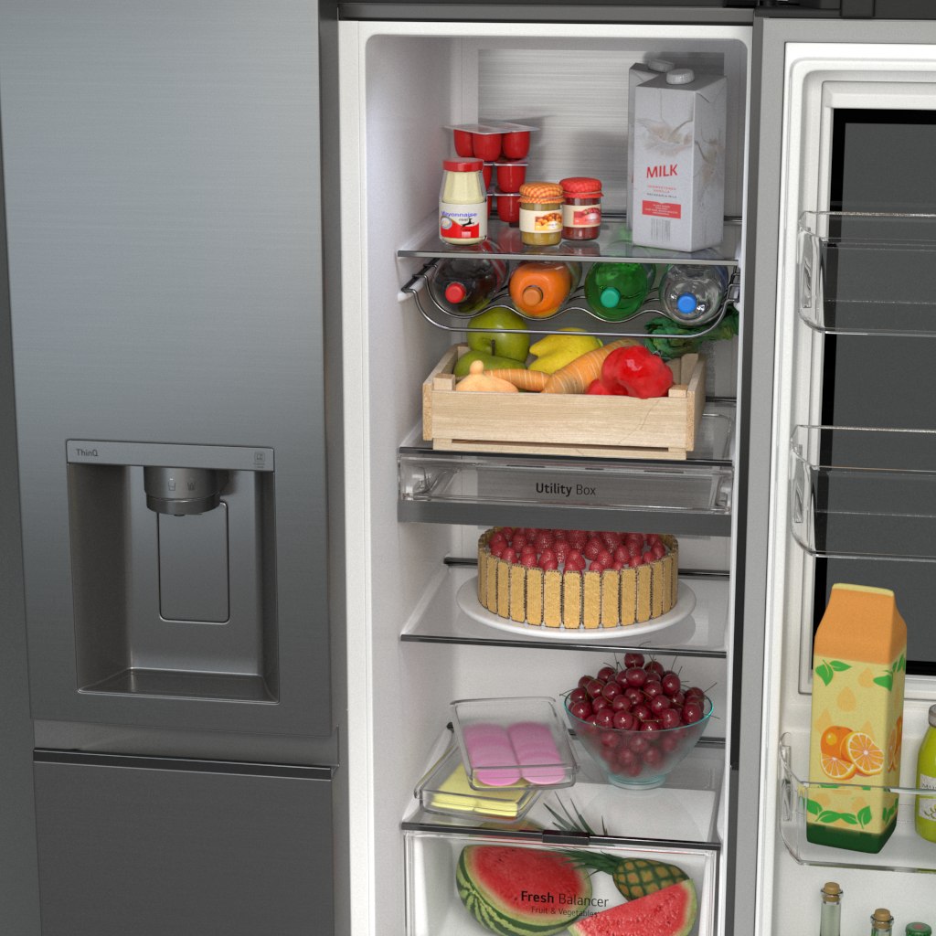 A 3D model of an open refrigerator filled with food