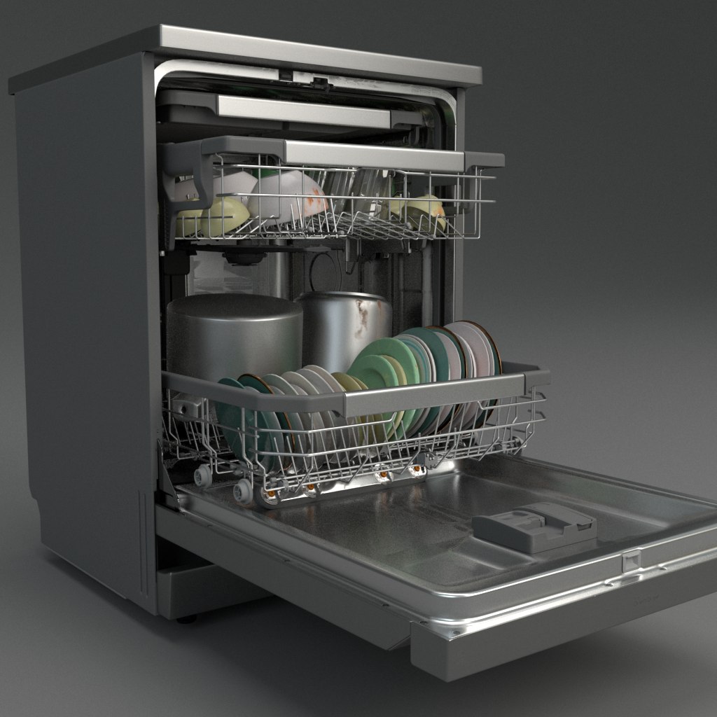 A 3D model of an open LG dishwasher with racks and dishes