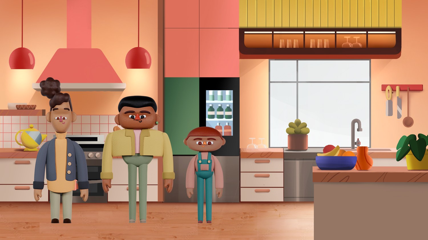 Grey block-out studies of the family characters as silhouettes