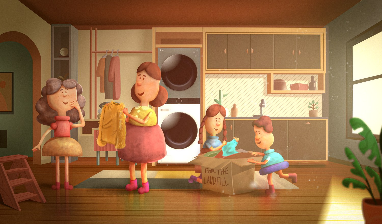 A painted scene of characters in the kitchen set