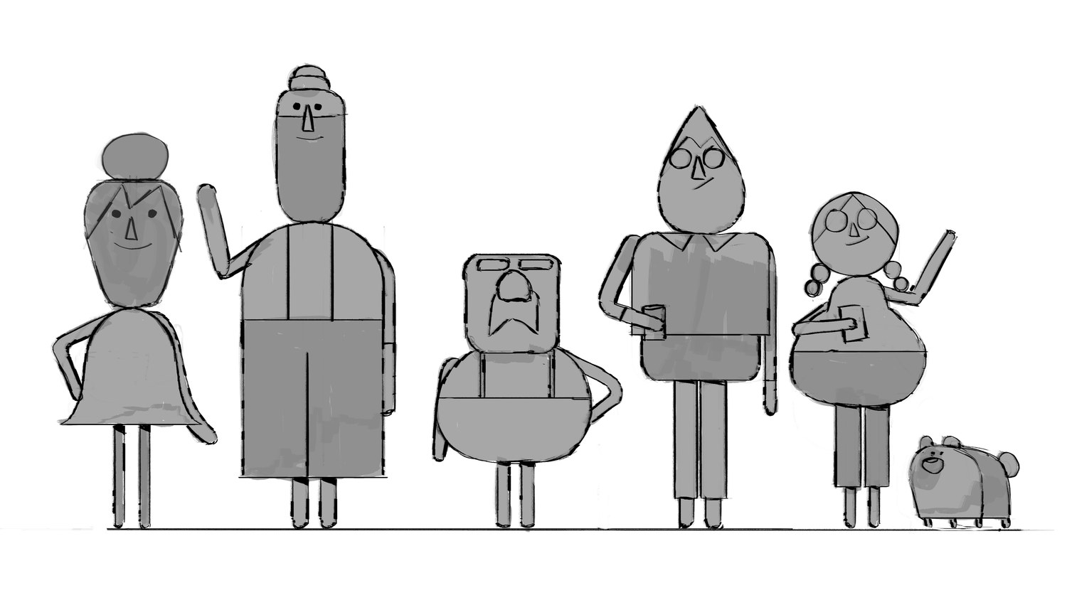 Outline drawings of the family characters standing together