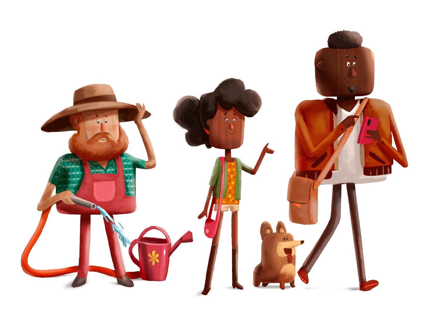 A painted illustration of the family characters with the dog and watering cans