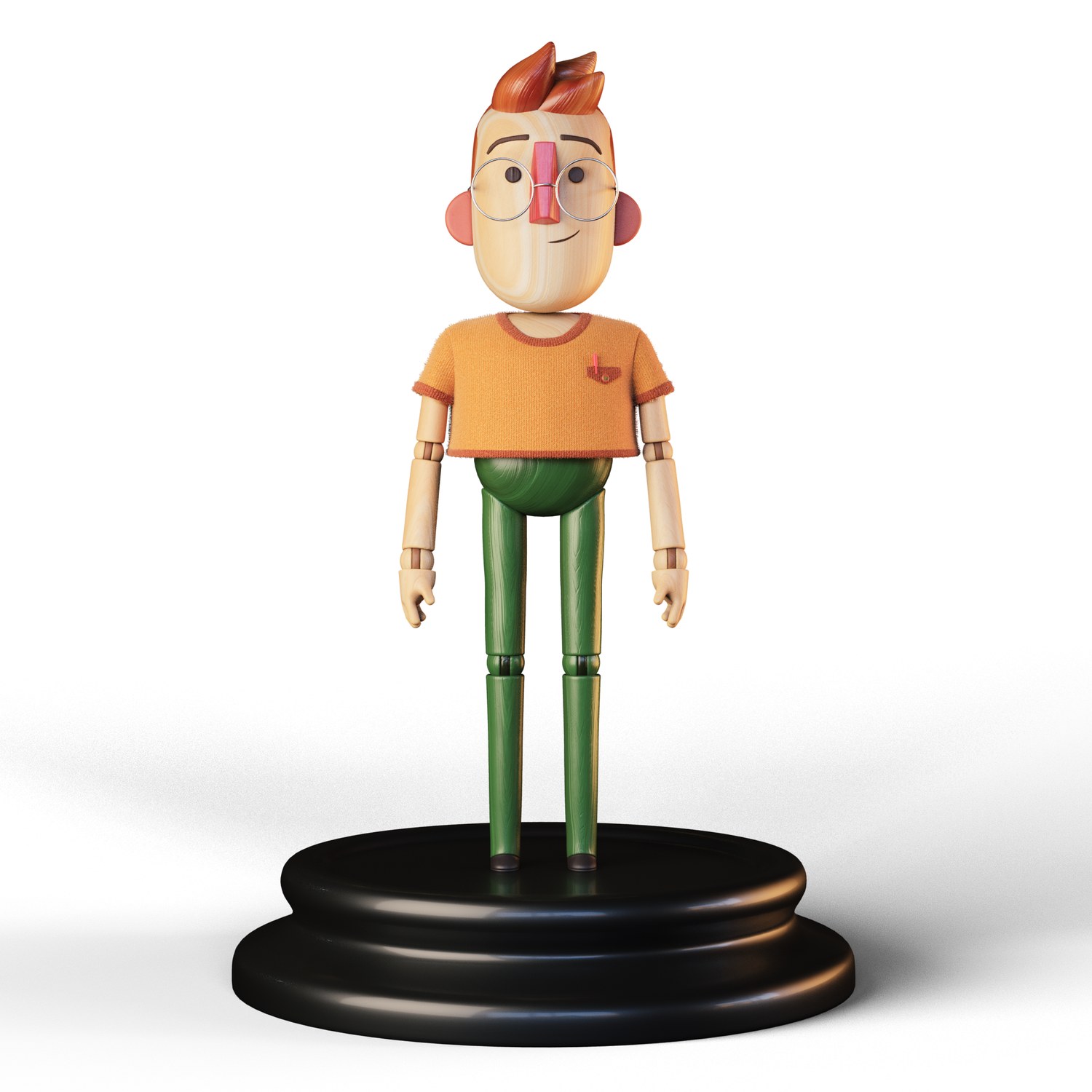 A character study rendered as an articulated wooden artist figure