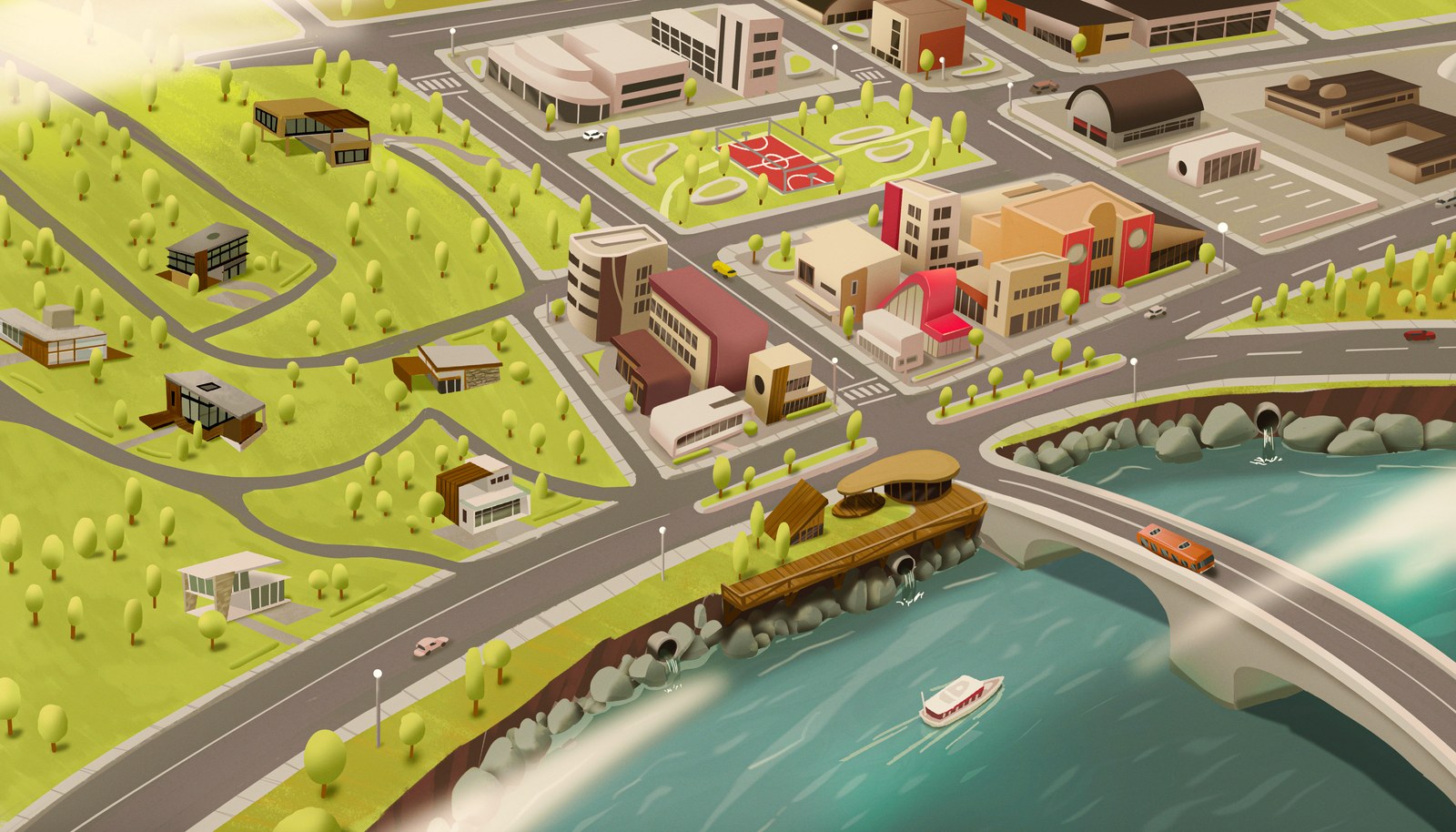 Concept painting of the same town clean, green and unpolluted