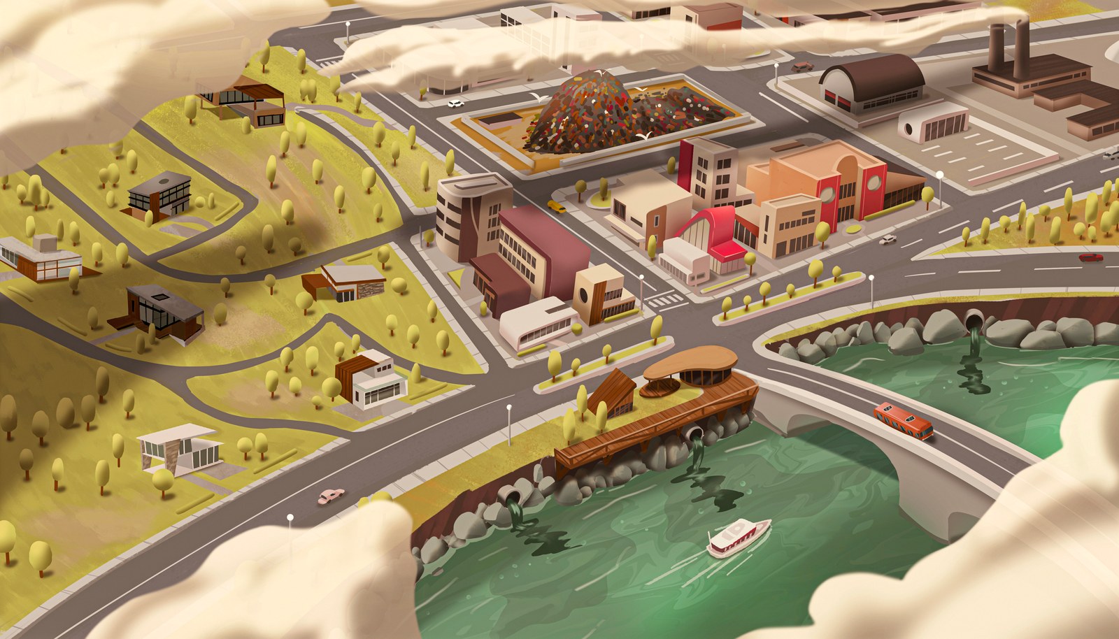 Concept painting of the town with factory smoke and a polluted river