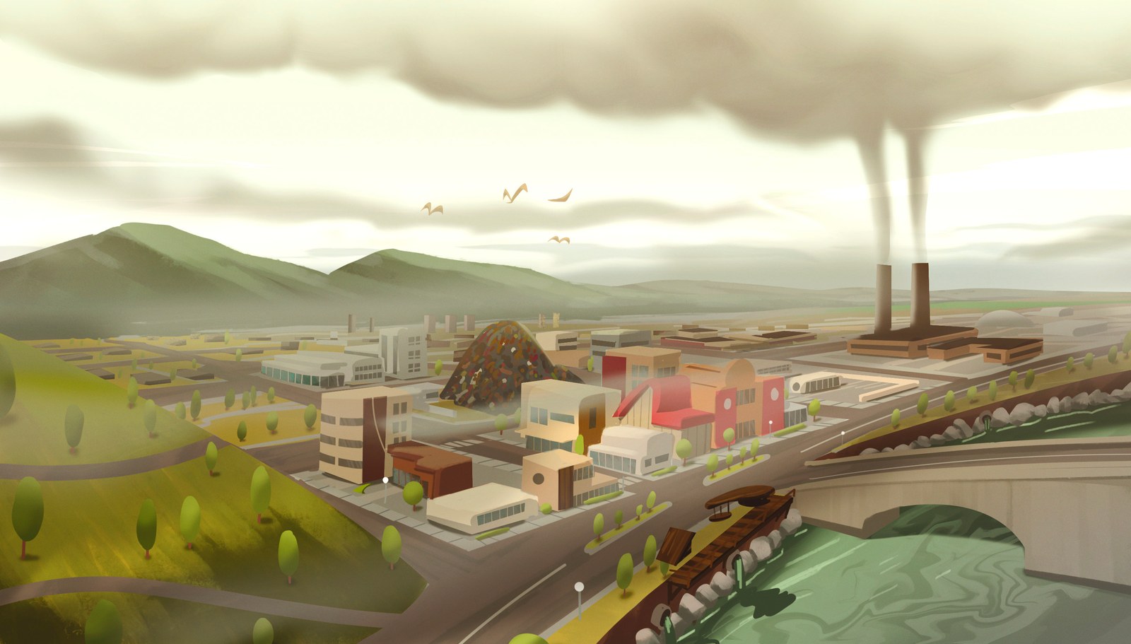Wide concept painting of the polluted landscape with chimneys and haze