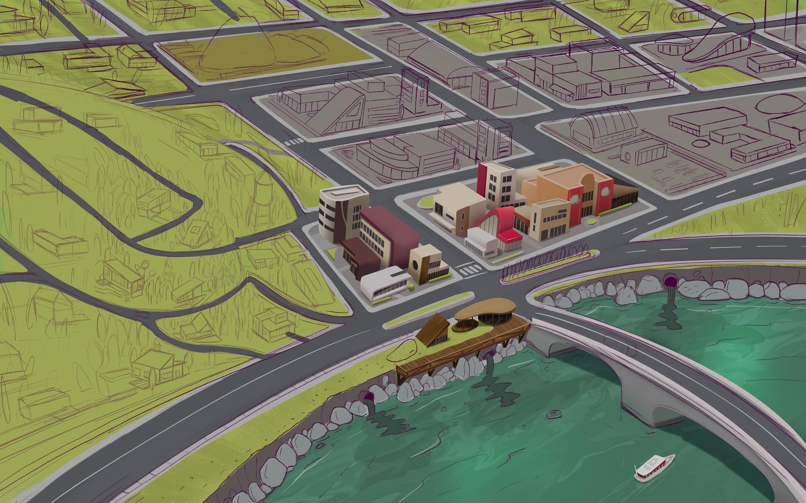 A rough greyscale layout drawing of the town