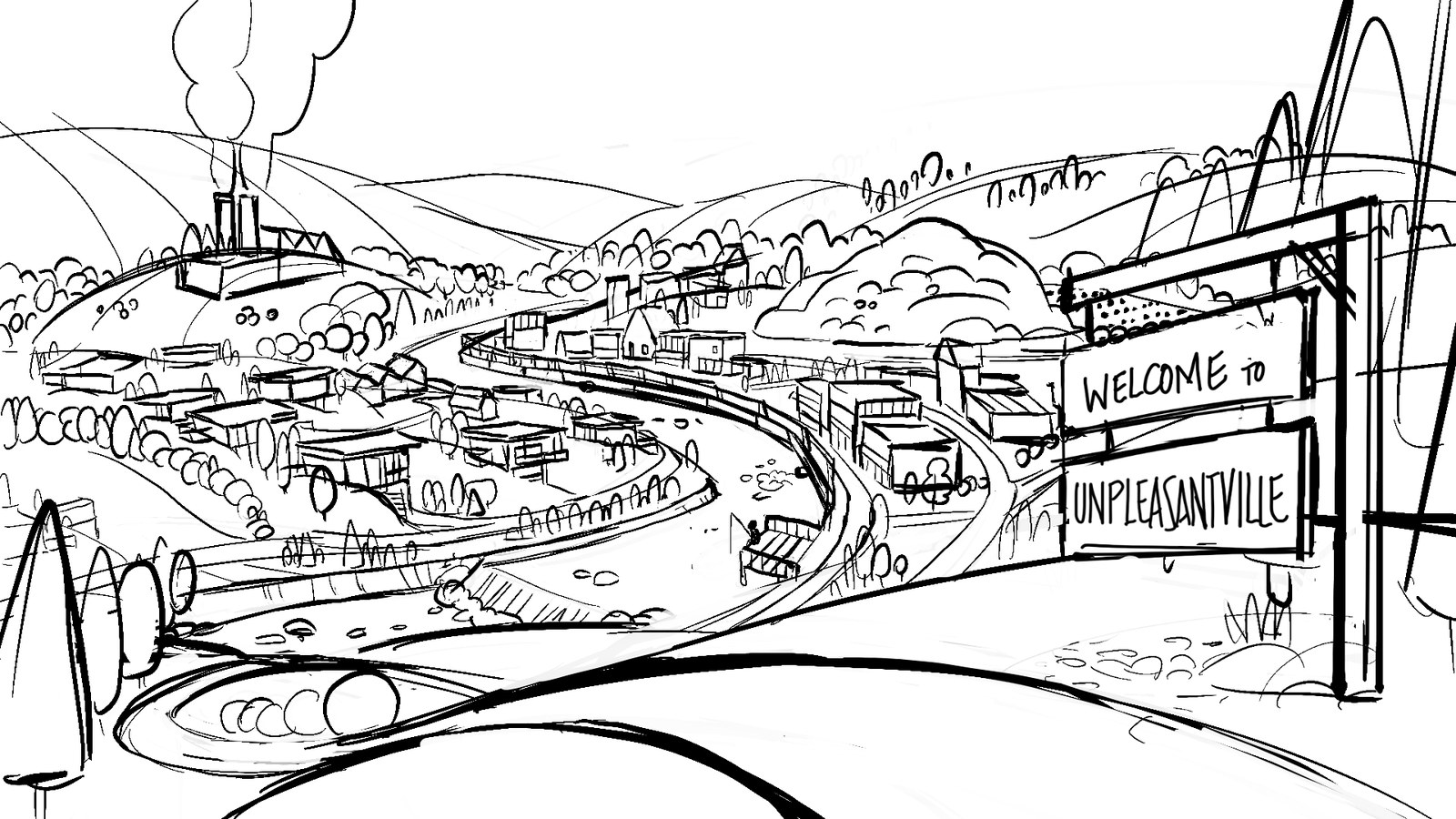 A sketch of the town with a road sign reading Welcome to Unpleasantville
