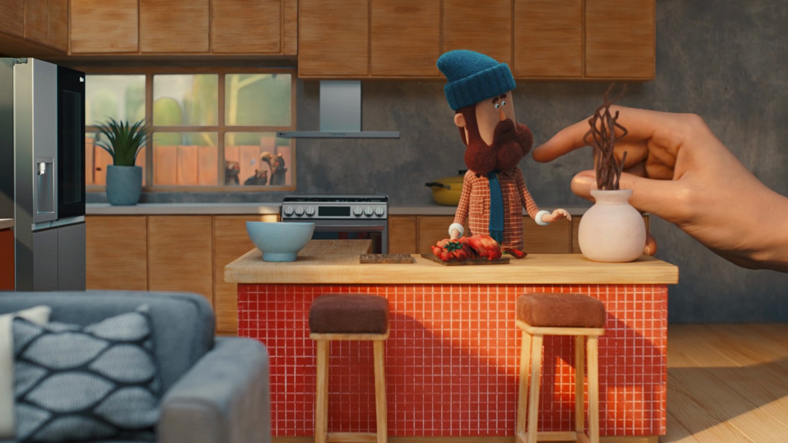 The Hand placing a jar on a kitchen counter beside a character