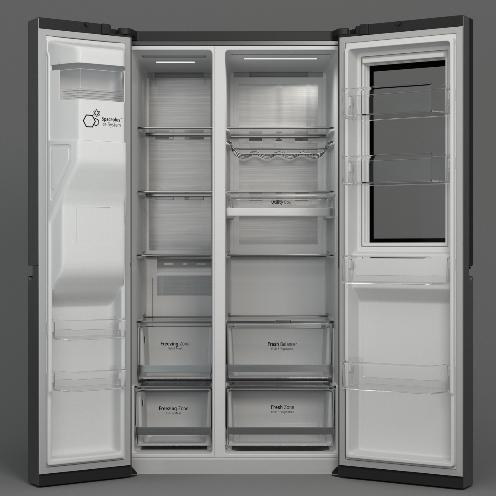 Look development render of an LG InstaView refrigerator