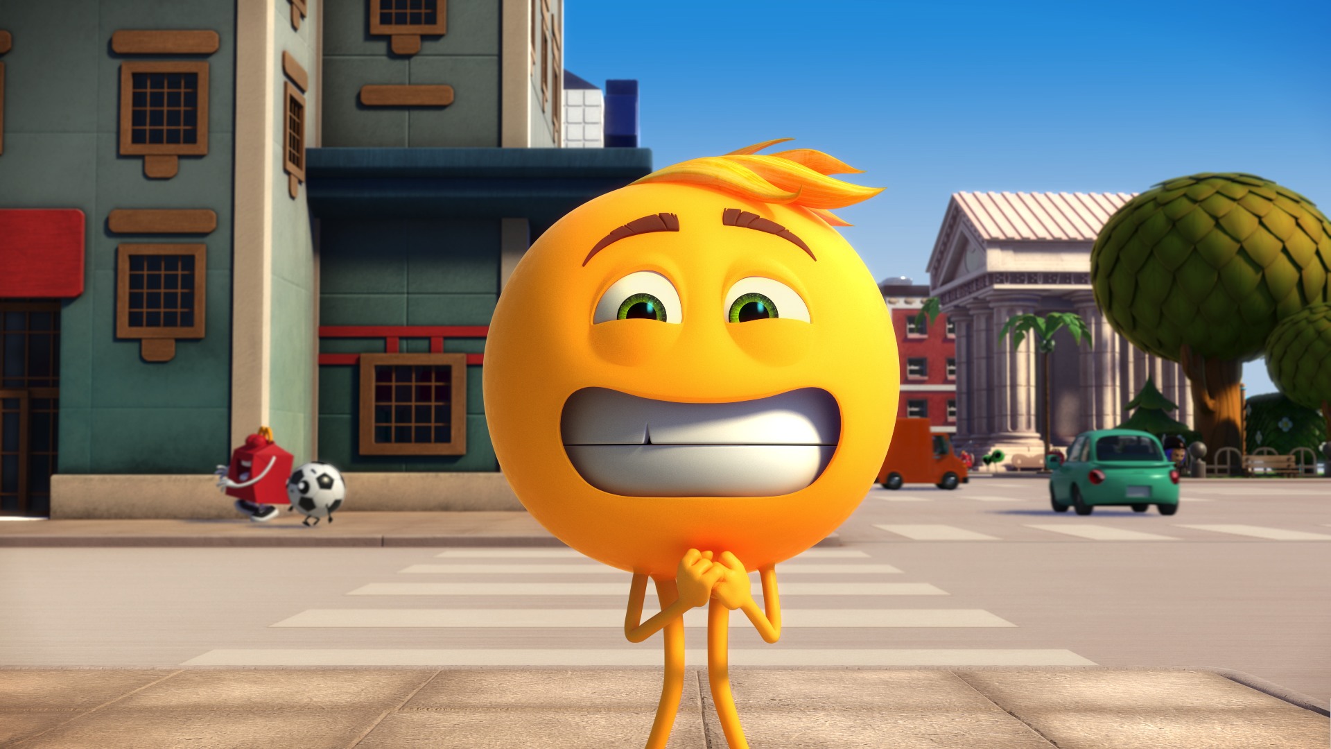 The Emoji character on a city street