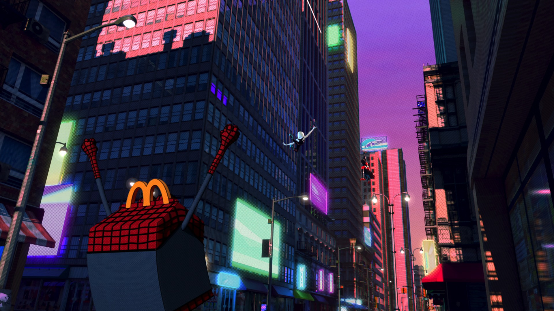 A neon Spider-Verse city street with a Happy Meal box