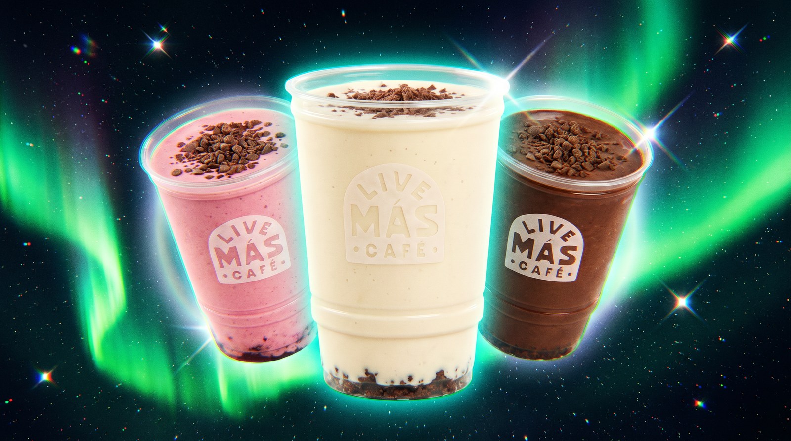 Concept frame of three drinks under an aurora