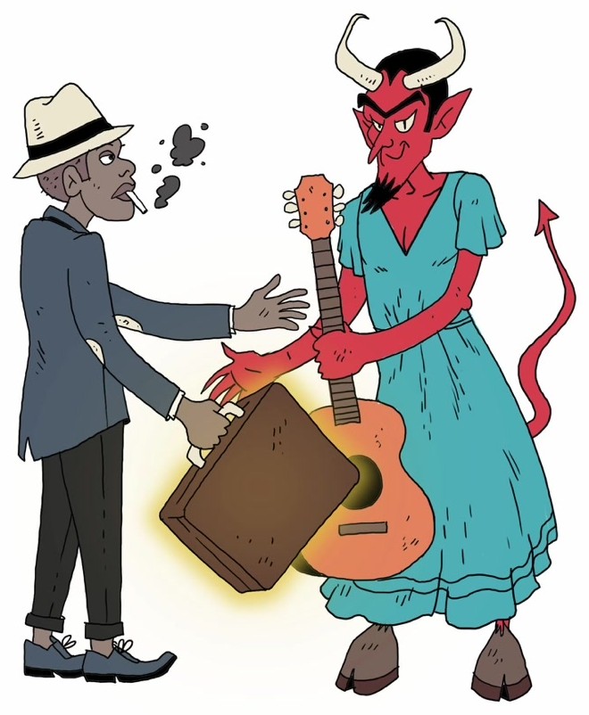 Illustration of a musician handing a guitar to a devil character