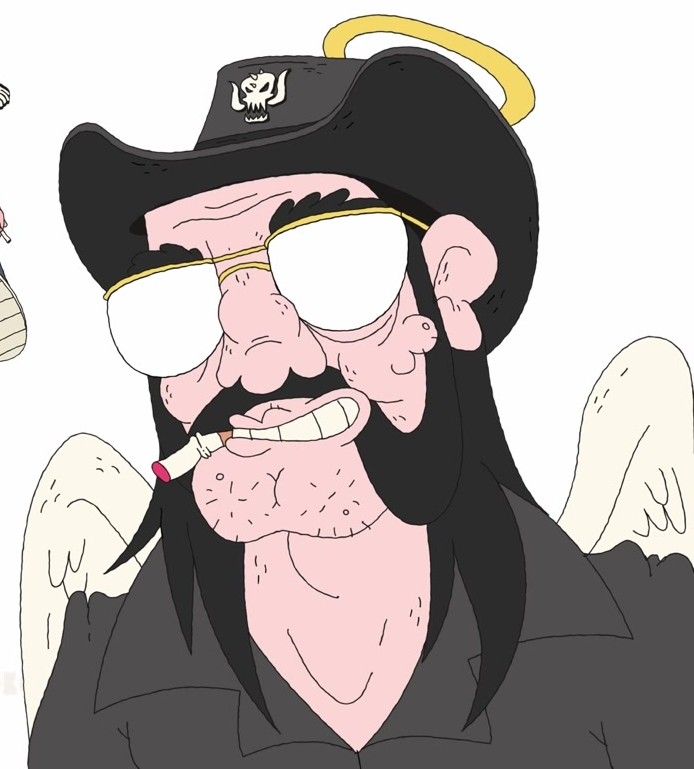 Caricature of Lemmy in his hat and sunglasses, drawn with a halo