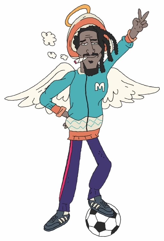 Caricature of Bob Marley with angel wings resting a foot on a football