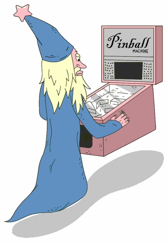 Caricature of a wizard playing a pinball machine
