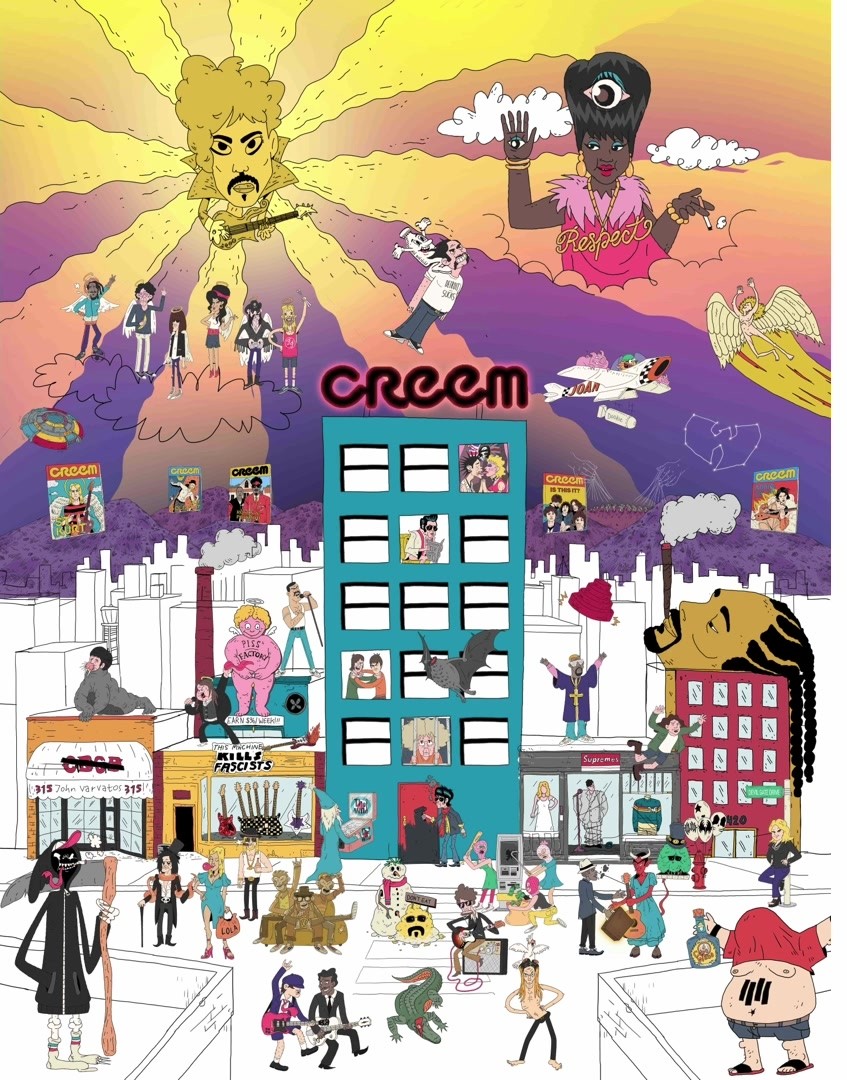 Illustrated poster of the CREEM magazine building on a Detroit street crowded with musician caricatures