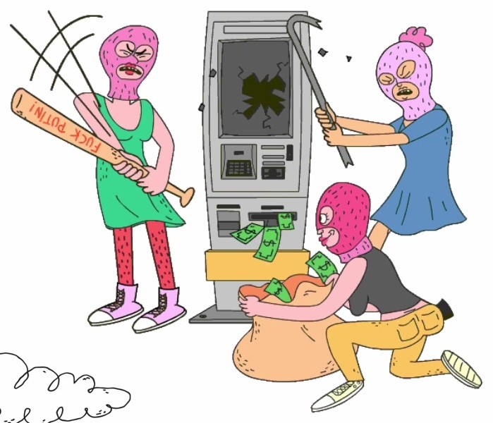 Caricature of balaclava wearing figures taking cash from an ATM