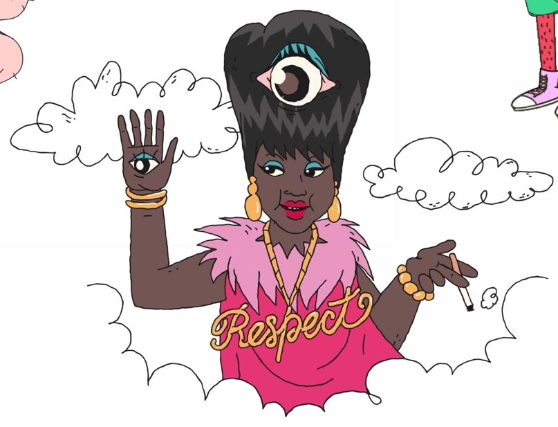 Caricature of a singer in pink feathers with the word Respect lettered across the artwork