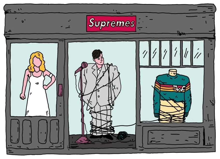 Illustrated shop front lettered Supremes with mannequins in the window