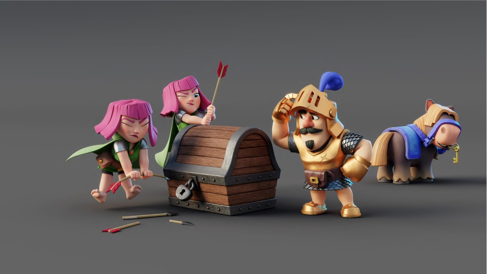 Two archers and a mounted knight around a locked treasure chest on a grey backdrop