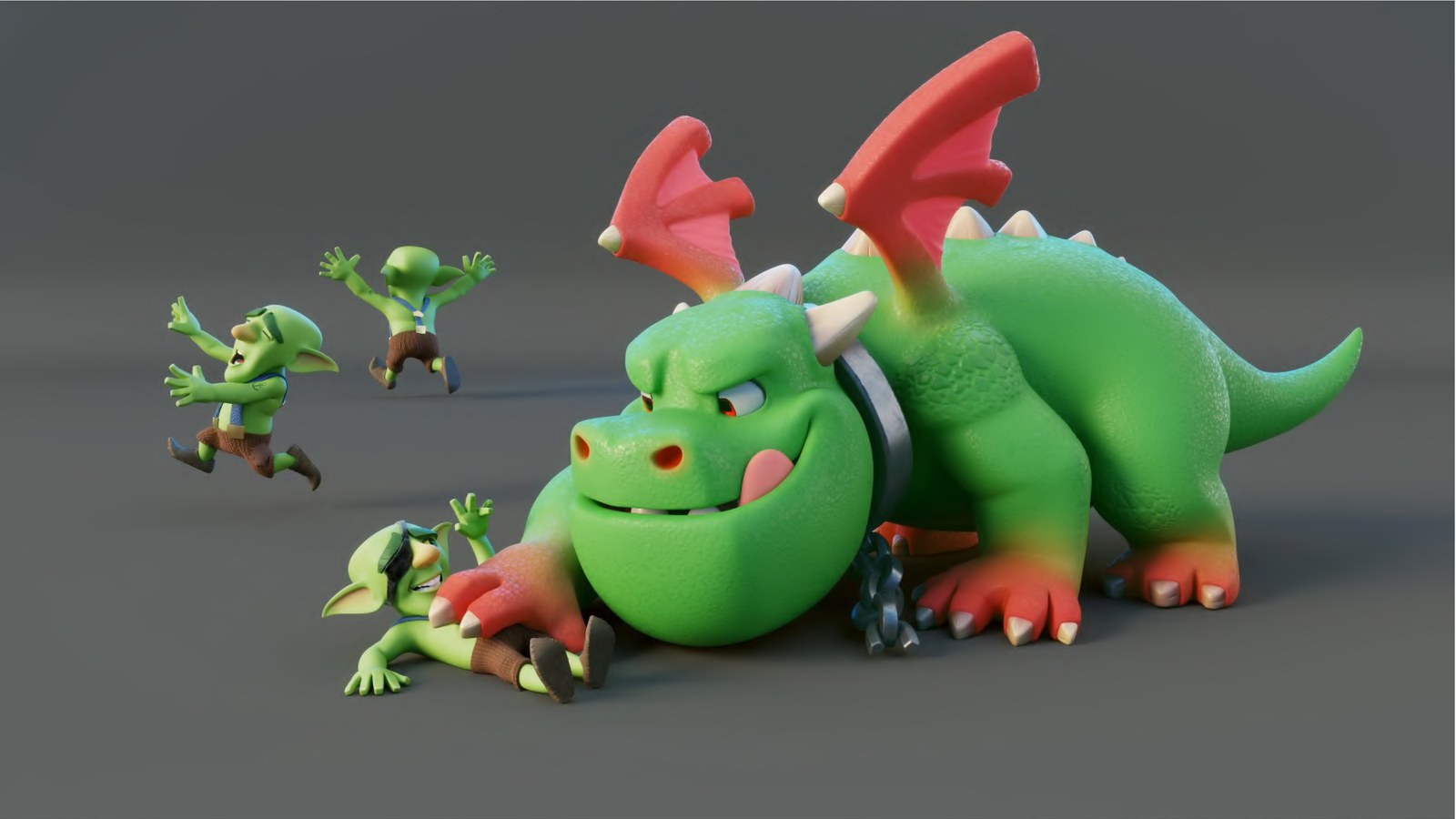 A green dragon lying down surrounded by goblins on a grey backdrop