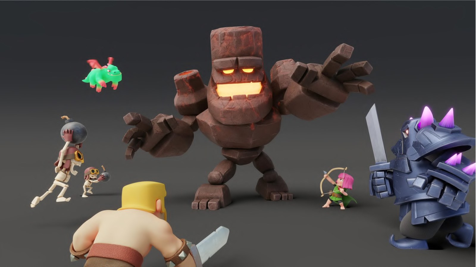 A rock giant flanked by smaller characters on a grey backdrop