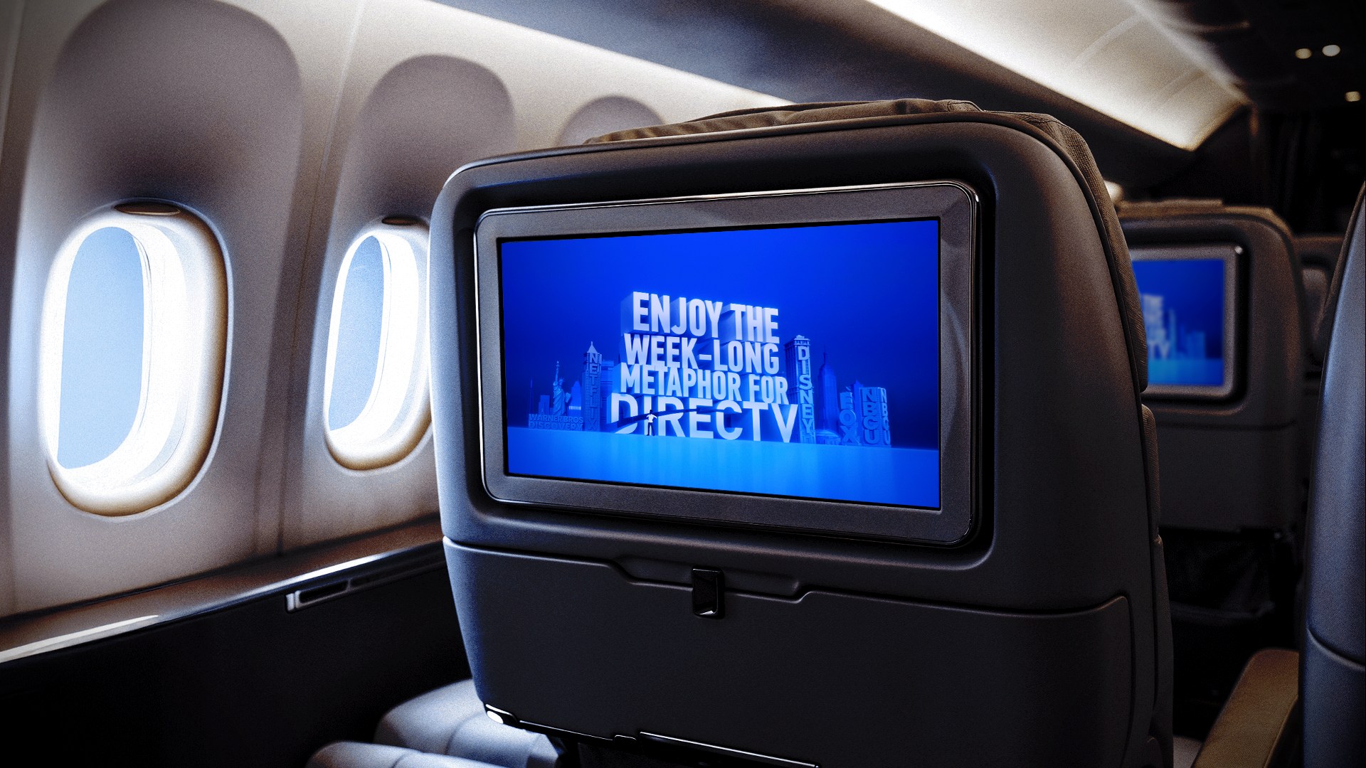 A DIRECTV advert playing on an aircraft seat-back screen