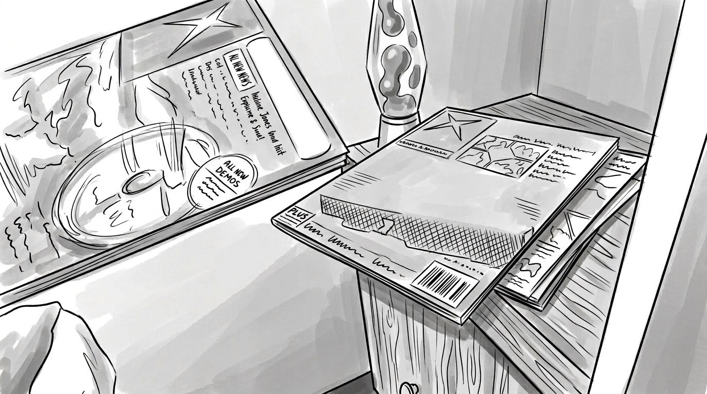 Storyboard panel, a bedroom with discs, a lava lamp and a console