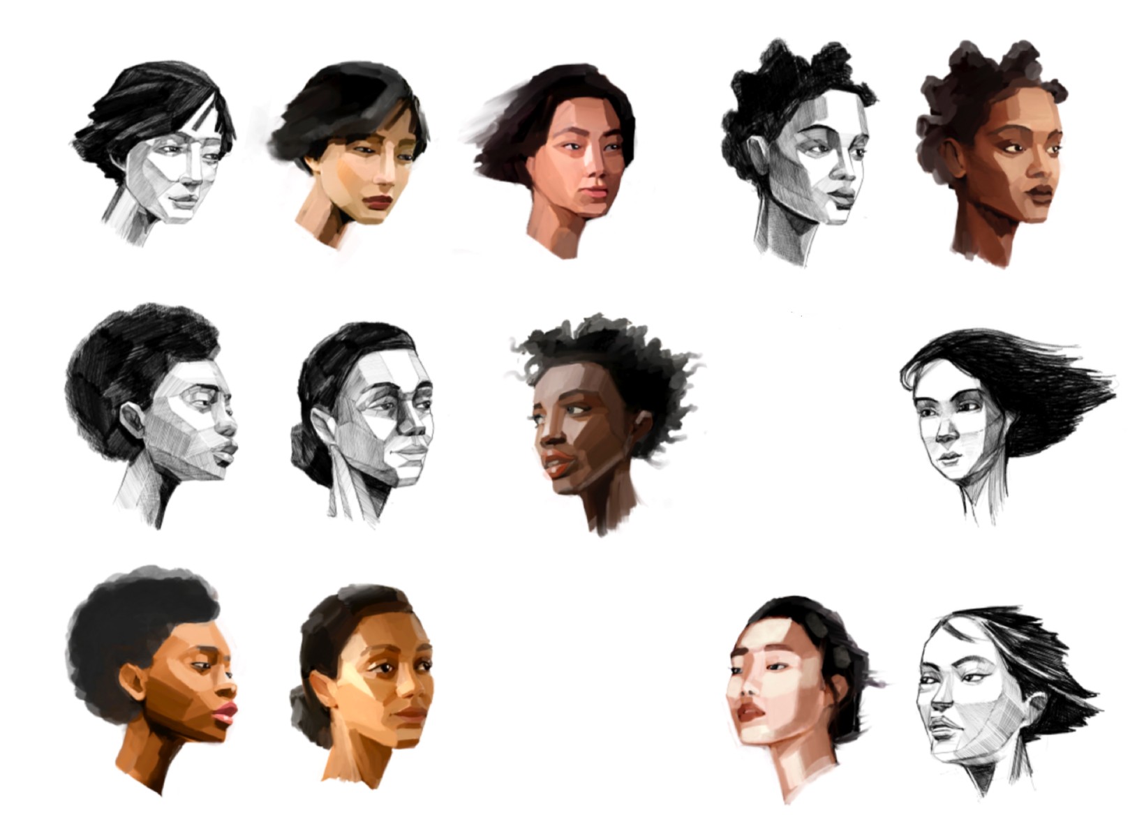 Sheet of painted face studies