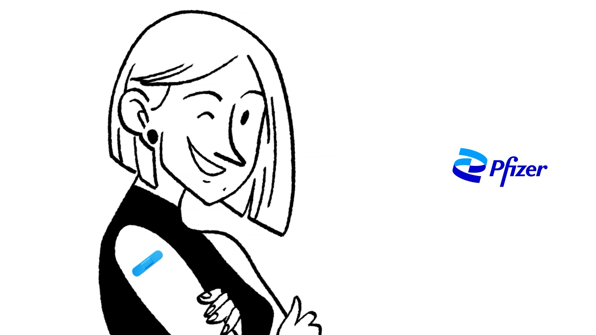 A line drawing of a woman with a plaster on her arm