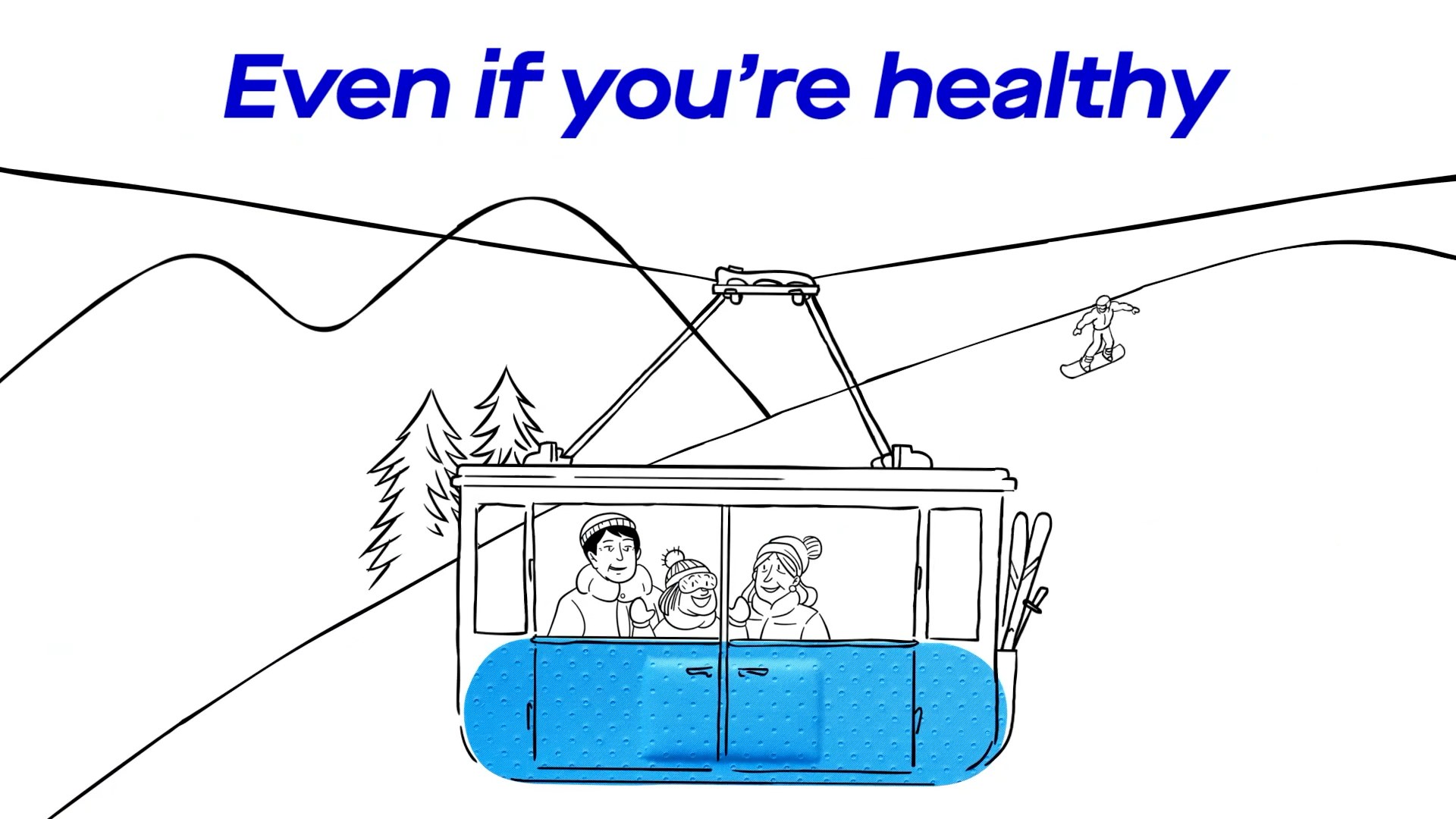 A line drawing where a blue plaster becomes a cable car
