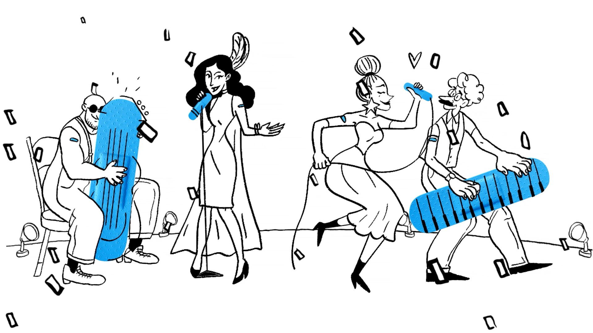 A line drawing of people dancing around a blue plaster