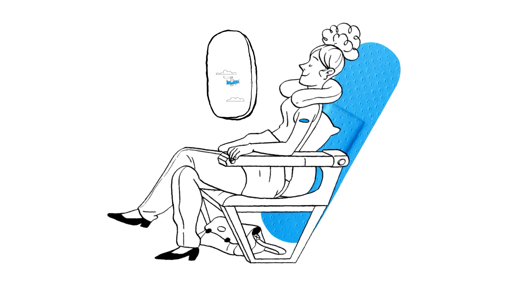 A line drawing where a blue plaster becomes an aeroplane seat