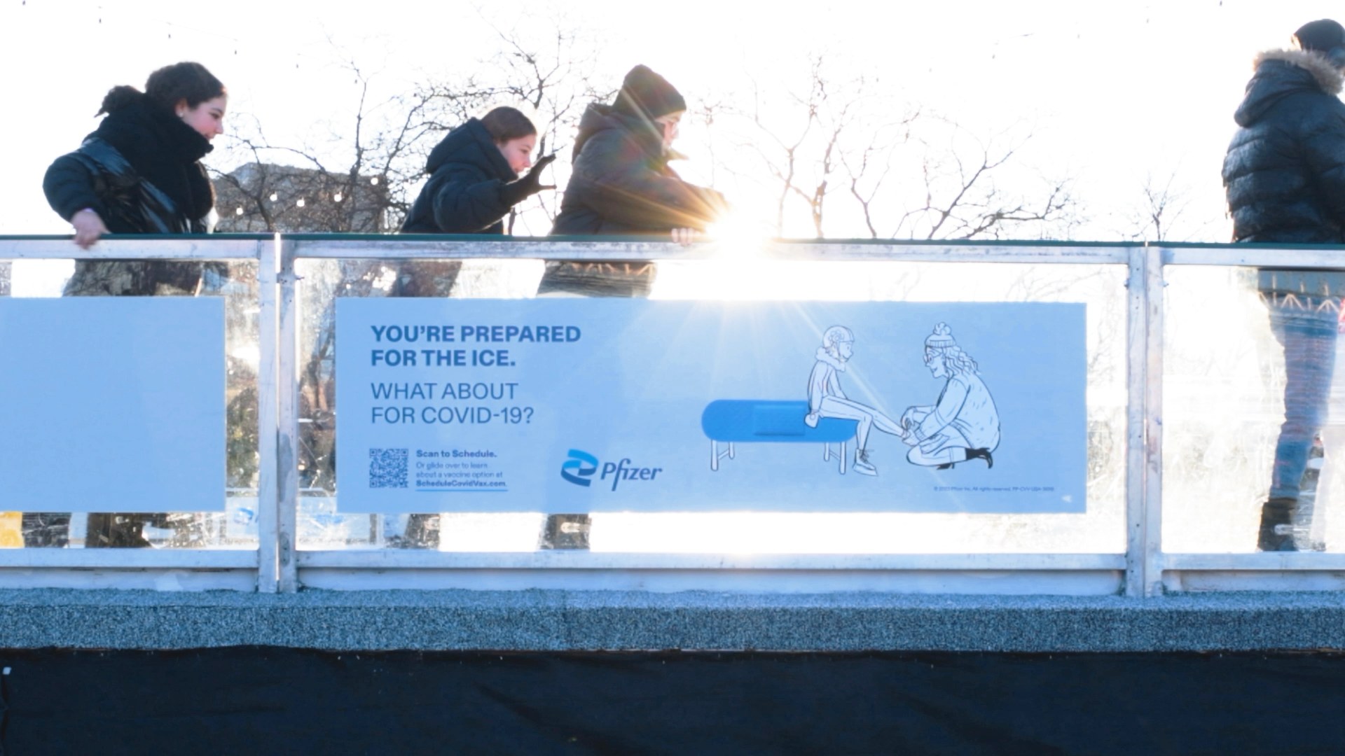 A bus shelter poster reading You are prepared for the ice, what about for COVID-19